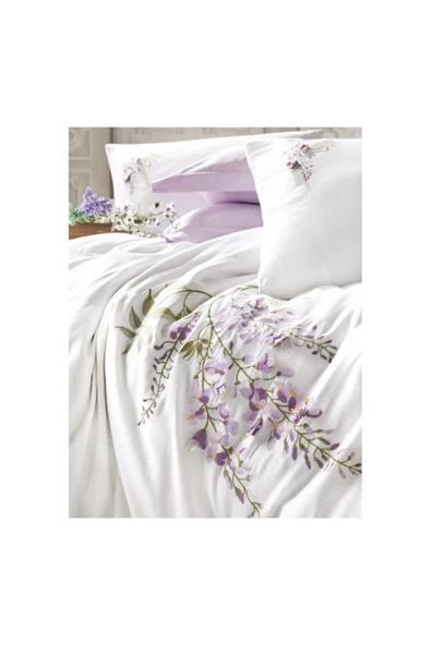 3d Nakışlı Saten Çift Kişilik Nevresim Takımı Mita - Lila ürün görseli