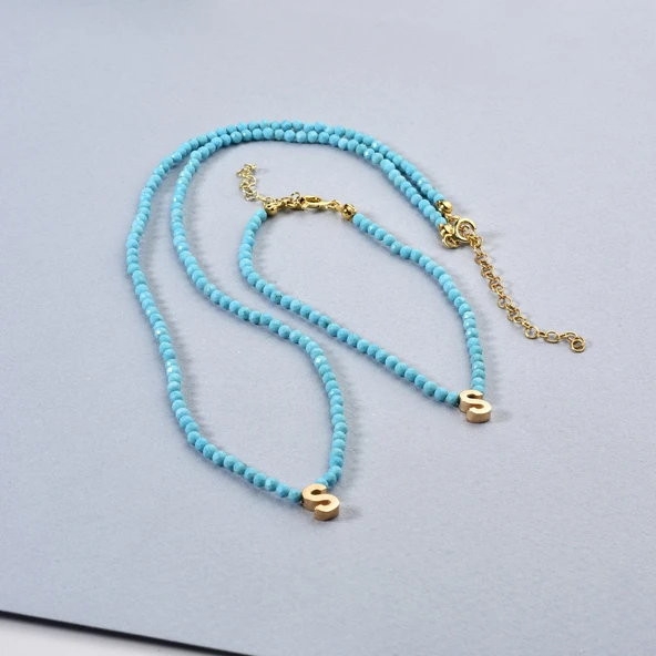 14 Ayar Altın Kaplama Minimal Elmas Kesim Turkuaz Doğal Taşlı Baş Harf Gümüş Kolye - NGS00109 - 5