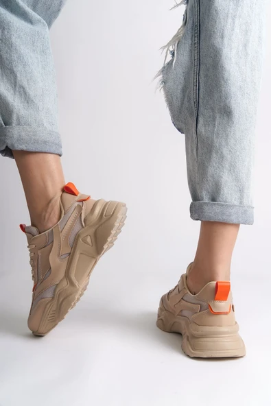 JET-TOKYO Bağcıklı Ortopedik Taban Triko Detaylı Kadın Spor Ayakkabı  TTT - Ten/Turuncu - Resim 3