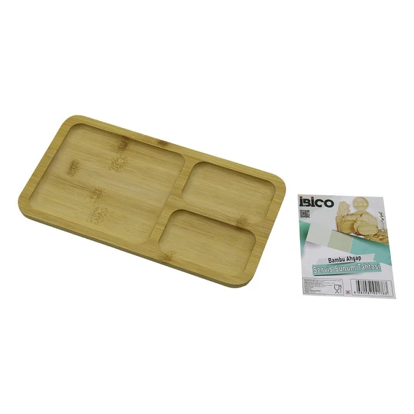 DİKDÖRTGEN 3 BÖLMELİ=2+1 AHŞAP BAMBU SERVİS SUNUM TEPSİ - TAHTASI 24.8 X 13.8 X 1.4CM (5232) - 1