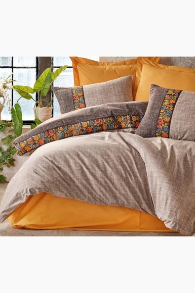 Çift Kişilik Folk Art Nevresim Takımı Vizon - Resim 4