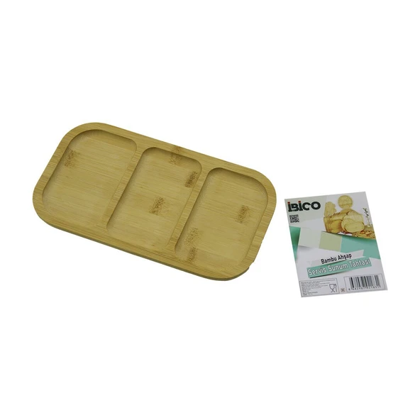 DİKDÖRTGEN 3 BÖLMELİ=2+1 AHŞAP BAMBU SERVİS SUNUM TEPSİ - TAHTASI 25 X 14 X 1.4CM (5232) - 1