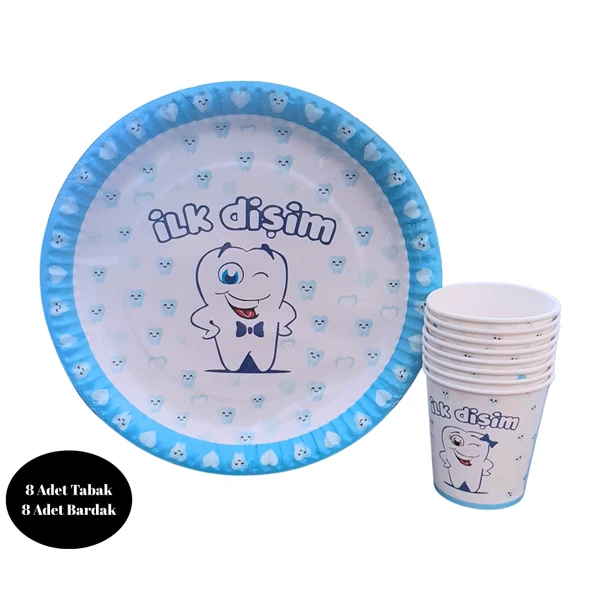İlk Dişim Mavi Karton Tabak Bardak 8 li Set - 1