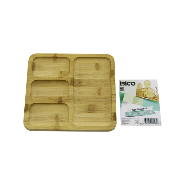 KARE 4 BÖLMELİ=3+1 AHŞAP BAMBU SERVİS SUNUM TEPSİ - TAHTASI 20 X 20 X 1.4CM (5232) - 1
