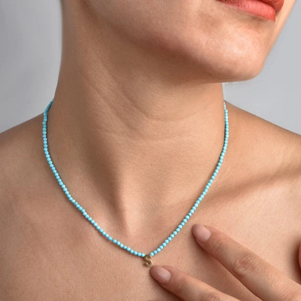 14 Ayar Altın Kaplama Minimal Elmas Kesim Turkuaz Doğal Taşlı Baş Harf Gümüş Kolye - NGS00109 - 4