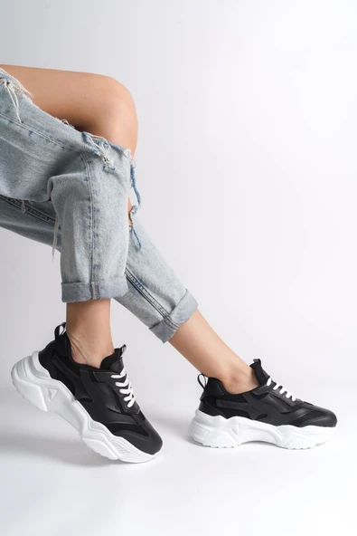 JET-TOKYO Bağcıklı Ortopedik Taban Triko Detaylı Kadın Spor Ayakkabı  TBT - Siyah - Resim 3