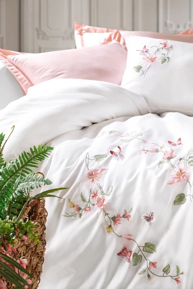 3d Nakışlı Çift Kişilik Saten Nevresim Takımı Luna Pudra - Resim 2