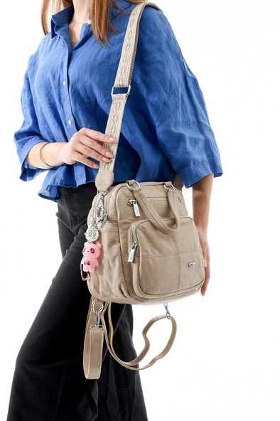 Y.S.Deri Kadın Sırt Çantası 25*23 Cm Vegan Deri İster Sırt İster Omuz Işıklı Charm Çapraz Çanta - Resim 7