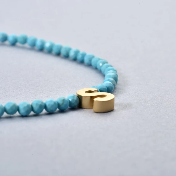 14 Ayar Altın Kaplama Minimal Elmas Kesim Turkuaz Doğal Taşlı Baş Harf Gümüş Bileklik - BGS00104 - 6