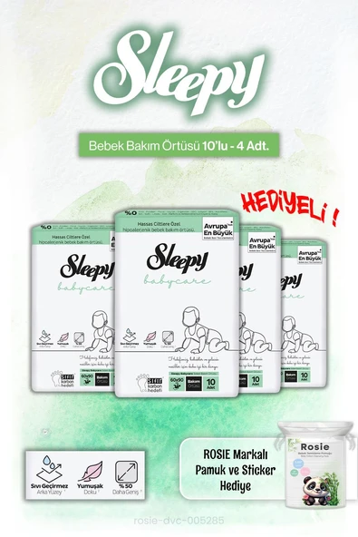 4'lü Sleepy Babycare Bebek Bakım Örtüsü 10'lu ve Rosie Pamuk Hediye