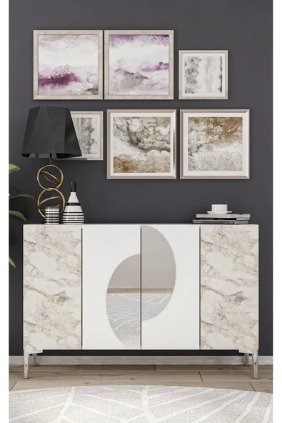 CENEYRA KA120 AFRA KONSOL, ÇOK AMAÇLI DOLAP, KAHVE KÖŞESİ, TV SEHPASI BEYAZ-EFESMERMER-SİLVER