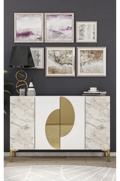 CENEYRA KA120 AFRA KONSOL, ÇOK AMAÇLI DOLAP, KAHVE KÖŞESİ, TV SEHPASI BEYAZ-EFESMERMER-GOLD - 5