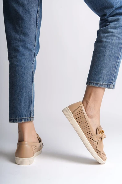 JET-LYDIA Bağcıksız Ortopedik Rahat Taban Kalp Desenli Kadın Babet Ayakkabı CKT - Ten - Resim 3