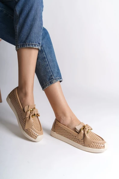 JET-LYDIA Bağcıksız Ortopedik Rahat Taban Kalp Desenli Kadın Babet Ayakkabı CKT - Ten - Resim 2