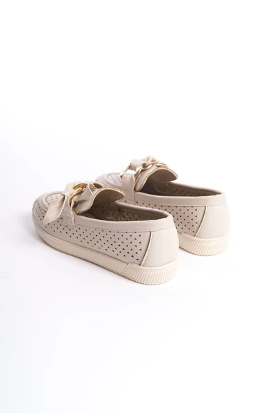 JET-LYDIA Bağcıksız Ortopedik Rahat Taban Kalp Desenli Kadın Babet Ayakkabı  CKT - Krem - Resim 5