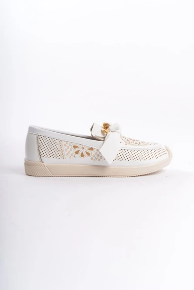 JET-LYDIA Bağcıksız Ortopedik Rahat Taban Çiçek Desenli Kadın Babet Ayakkabı  CKT - Beyaz - Resim 6