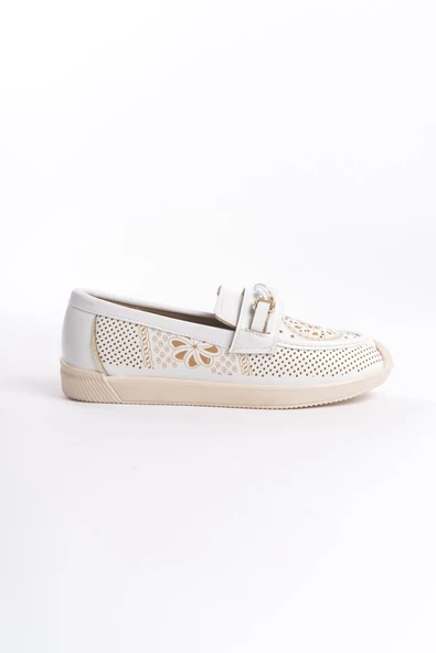 JET-LIZY Bağcıksız Ortopedik Rahat Taban Çiçek Desenli Kadın Babet Ayakkabı  CKT - Beyaz - Resim 6