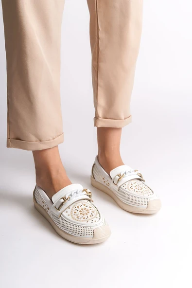 JET-LIZY Bağcıksız Ortopedik Rahat Taban Çiçek Desenli Kadın Babet Ayakkabı  CKT - Beyaz ürün görseli