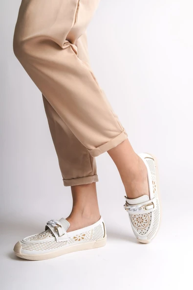 JET-LIZY Bağcıksız Ortopedik Rahat Taban Çiçek Desenli Kadın Babet Ayakkabı  CKT - Beyaz - Resim 3