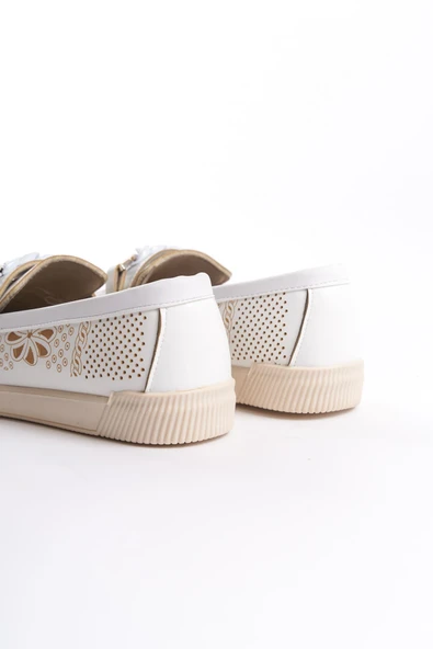 JET-LIZY Bağcıksız Ortopedik Rahat Taban Çiçek Desenli Kadın Babet Ayakkabı  CKT - Beyaz - Resim 5