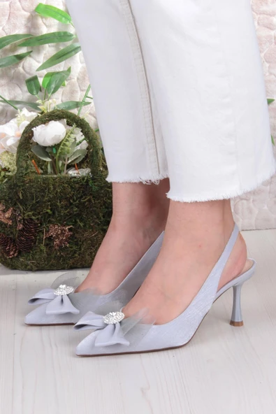 Fort 129-1070 Fls Saten Taşlı Fiyonk Detaylı Arkası Açık Önü Kapalı Topuklu Kadın Ayakkabı - Resim 9