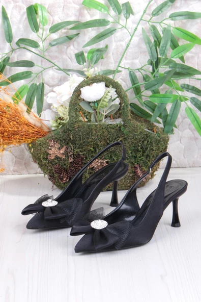 Fort 129-1070 Fls Saten Taşlı Fiyonk Detaylı Arkası Açık Önü Kapalı Topuklu Kadın Ayakkabı - Resim 6