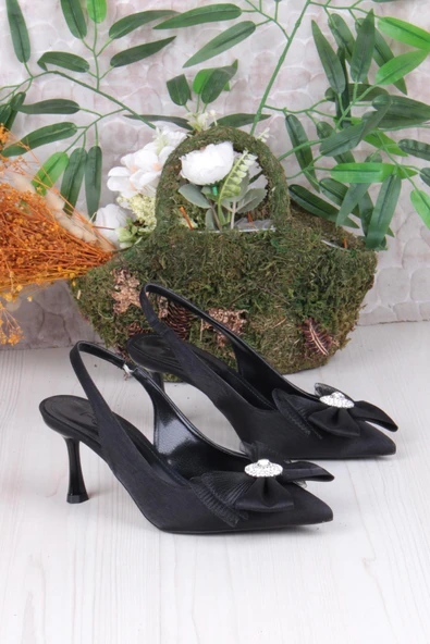 Fort 129-1070 Fls Saten Taşlı Fiyonk Detaylı Arkası Açık Önü Kapalı Topuklu Kadın Ayakkabı - Resim 5