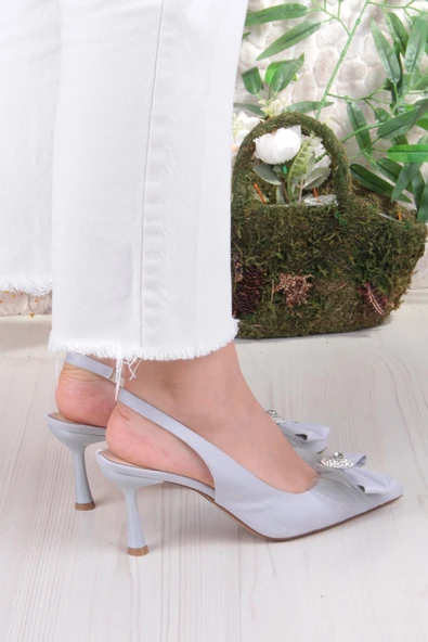 Fort 129-1070 Fls Saten Taşlı Fiyonk Detaylı Arkası Açık Önü Kapalı Topuklu Kadın Ayakkabı - Resim 11