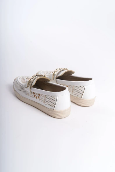 JET-LILY Bağcıksız Ortopedik Rahat Taban Çiçek Desenli Kadın Babet Ayakkabı  CKT - Beyaz - Resim 5