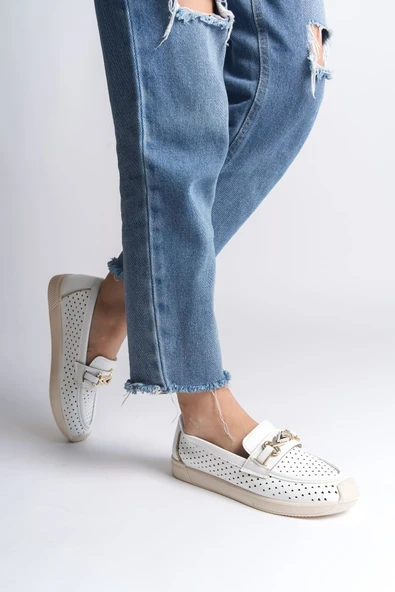 JET-LILY Bağcıksız Ortopedik Rahat Taban Kalp Desenli Kadın Babet Ayakkabı  CKT - Beyaz ürün görseli