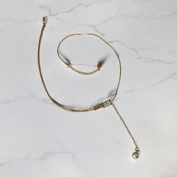 Xbaby İncili Taşlı Silindirli Y Kolye - Resim 2