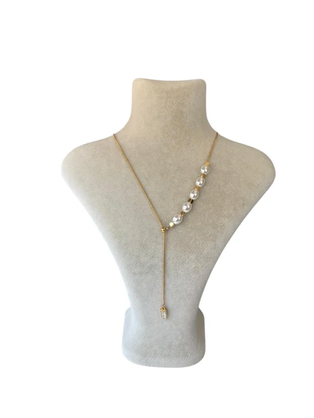 Xbaby İncili Baget Taşlı  Gold Y Kolye ürün görseli