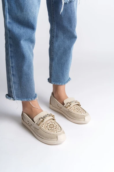 JET-LILY Bağcıksız Ortopedik Rahat Taban Çiçek Desenli Kadın Babet Ayakkabı CKT - Krem ürün görseli