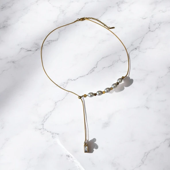 Xbaby İncili Baget Taşlı  Gold Y Kolye - Resim 3