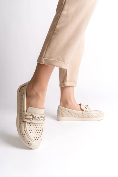 JET-LILY Bağcıksız Ortopedik Rahat Taban Kalp Desenli Kadın Babet Ayakkabı  CKT - Krem - Resim 2