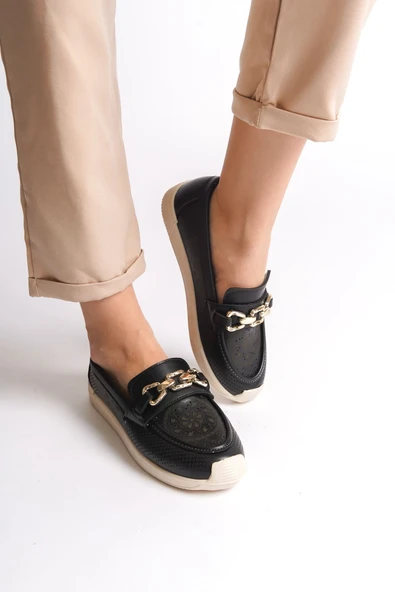 JET-LAYLA Bağcıksız Ortopedik Rahat Taban Çiçek Desenli Kadın Babet Ayakkabı  CKT - Siyah ürün görseli