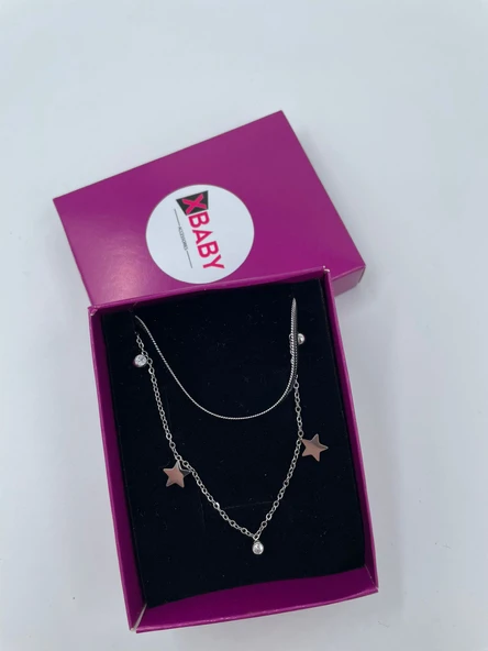 Xbaby İkili Yıldız Taşlı Çelik Gümüş Renk Kolye ürün görseli