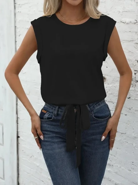 Kadın Sıfır Kol Etek Ucu Bağlama Detay Ithal Krep Bluz ürün görseli