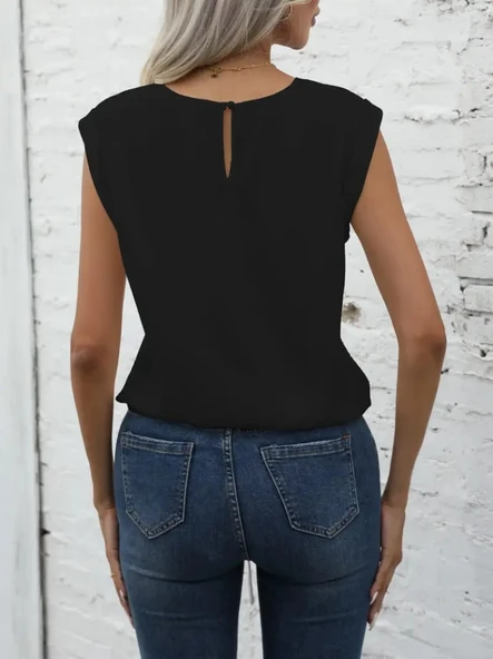 Kadın Sıfır Kol Etek Ucu Bağlama Detay Ithal Krep Bluz - Resim 4