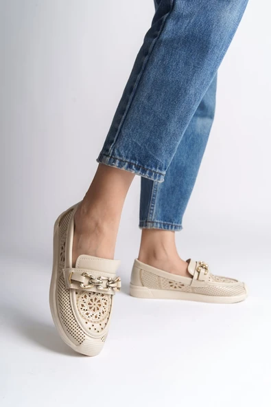 JET-LAYLA Bağcıksız Ortopedik Rahat Taban Çiçek Desenli Kadın Babet Ayakkabı CKT - Krem ürün görseli