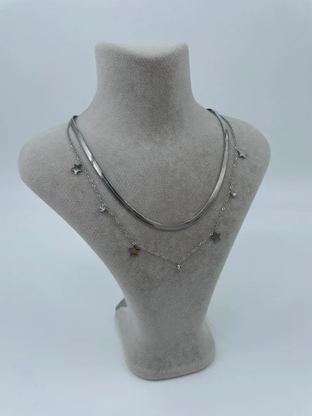 Xbaby İkili Yıldız Taşlı Çelik Gümüş Renk Kolye - Resim 2