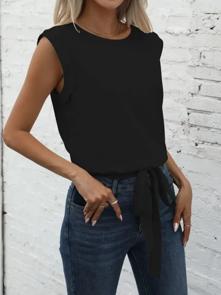 Kadın Sıfır Kol Etek Ucu Bağlama Detay Ithal Krep Bluz - Resim 2