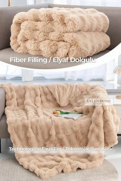 Kürk Yatak Örtüsü Çift Kişilik Dolgulu Peluş Yumuşak Çift Taraflı Yorgan 3 Parça Lory Kahve - 5