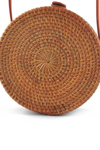 El Yapımı Hasır Rattan Yuvarlak Kutu Çanta - Resim 6