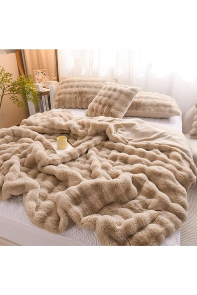 Kürk Yatak Örtüsü Çift Kişilik Dolgulu Peluş Yumuşak Çift Taraflı Yorgan 3 Parça Lory Kahve - 7