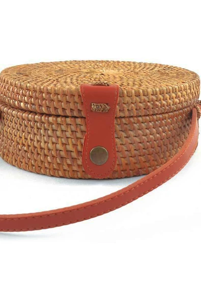 El Yapımı Hasır Rattan Yuvarlak Kutu Çanta - Resim 4