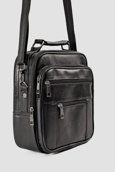 Hakiki Deri Siyah Çok Gözlü Erkek Omuz ve El Çantası ürün görseli 1