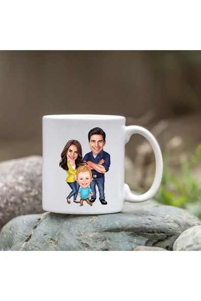 Özcan Tasarım Kişiye Özel Bardak - Karikatür Bardak - 3 Kişi Aile Bardağı ürün görseli