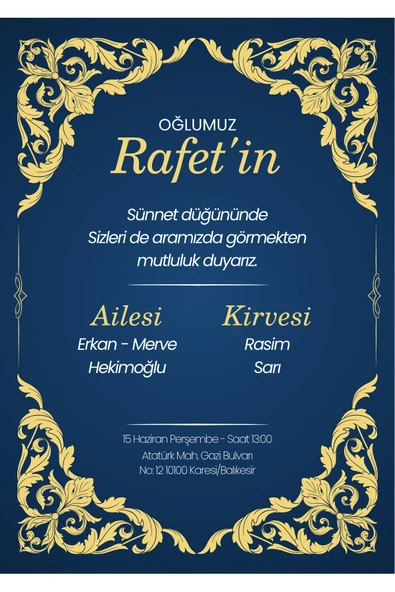 Özcan Tasarım Kişiye Özel Davetiye - Sünnet Davetiye - Sünnet Davetiyesi ( Zarflı ) ( 50 Adet ) ürün görseli