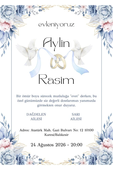 Özcan Tasarım Kişiye Özel Davetiye - Düğün Davetiye - Nişan Davetiye - Nikah Davetiye ( Zarflı ) ( 50 Adet ) MDL 8 ürün görseli